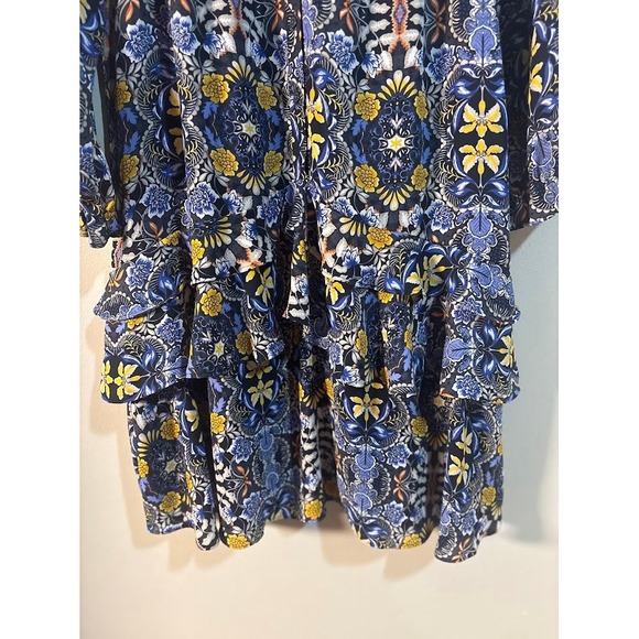 LOFT Women's Blue Yellow Floral Print Ruffle Tiered Mini Dress Size Medium - Picture 2 of 10